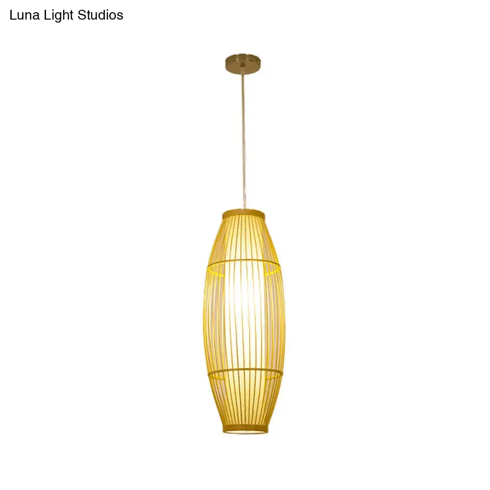 Beige Bamboo Hanging Lantern - Asian Style Pendant Light, 1-Light, Elongated Oval/Barrel Drop, Multiple Sizes - 16"/19.5"/31.5" Height