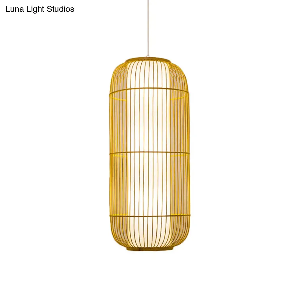 Beige Bamboo Hanging Lantern - Asian Style Pendant Light, 1-Light, Elongated Oval/Barrel Drop, Multiple Sizes - 16"/19.5"/31.5" Height