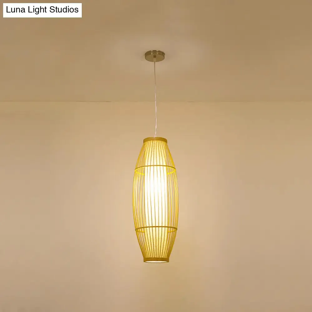 Beige Bamboo Hanging Lantern - Asian Style Pendant Light, 1-Light, Elongated Oval/Barrel Drop, Multiple Sizes - 16"/19.5"/31.5" Height