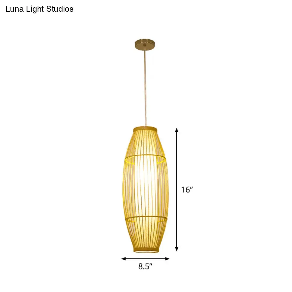 Beige Bamboo Hanging Lantern - Asian Style Pendant Light, 1-Light, Elongated Oval/Barrel Drop, Multiple Sizes - 16"/19.5"/31.5" Height