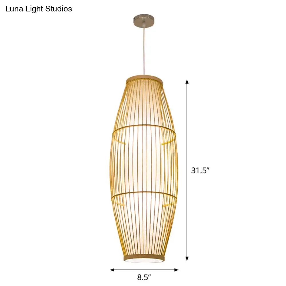 Beige Bamboo Hanging Lantern - Asian Style Pendant Light, 1-Light, Elongated Oval/Barrel Drop, Multiple Sizes - 16"/19.5"/31.5" Height