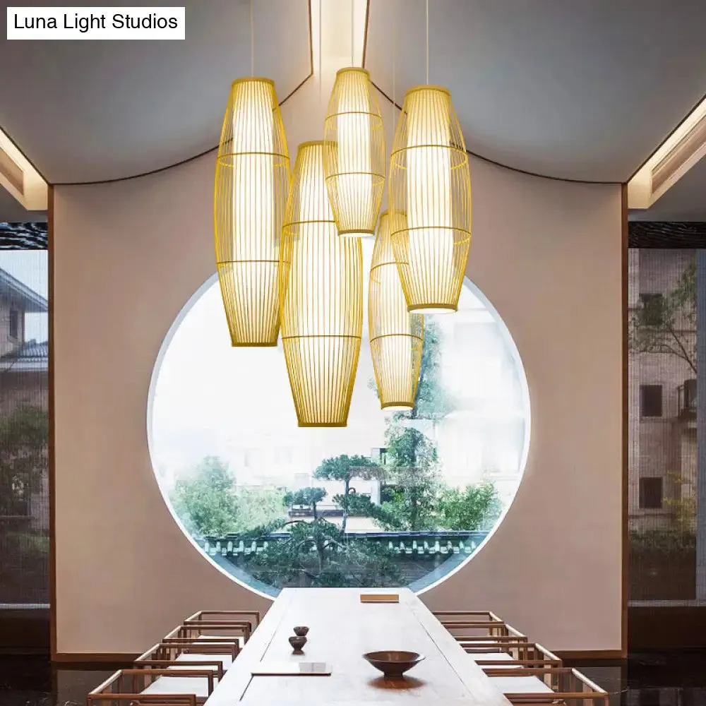 Beige Bamboo Hanging Lantern - Asian Style Pendant Light, 1-Light, Elongated Oval/Barrel Drop, Multiple Sizes - 16"/19.5"/31.5" Height