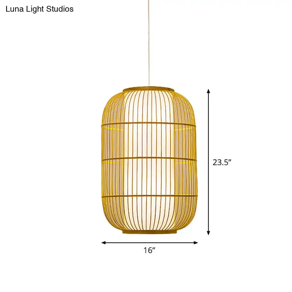 Beige Bamboo Hanging Lantern - Asian Style Pendant Light, 1-Light, Elongated Oval/Barrel Drop, Multiple Sizes - 16"/19.5"/31.5" Height