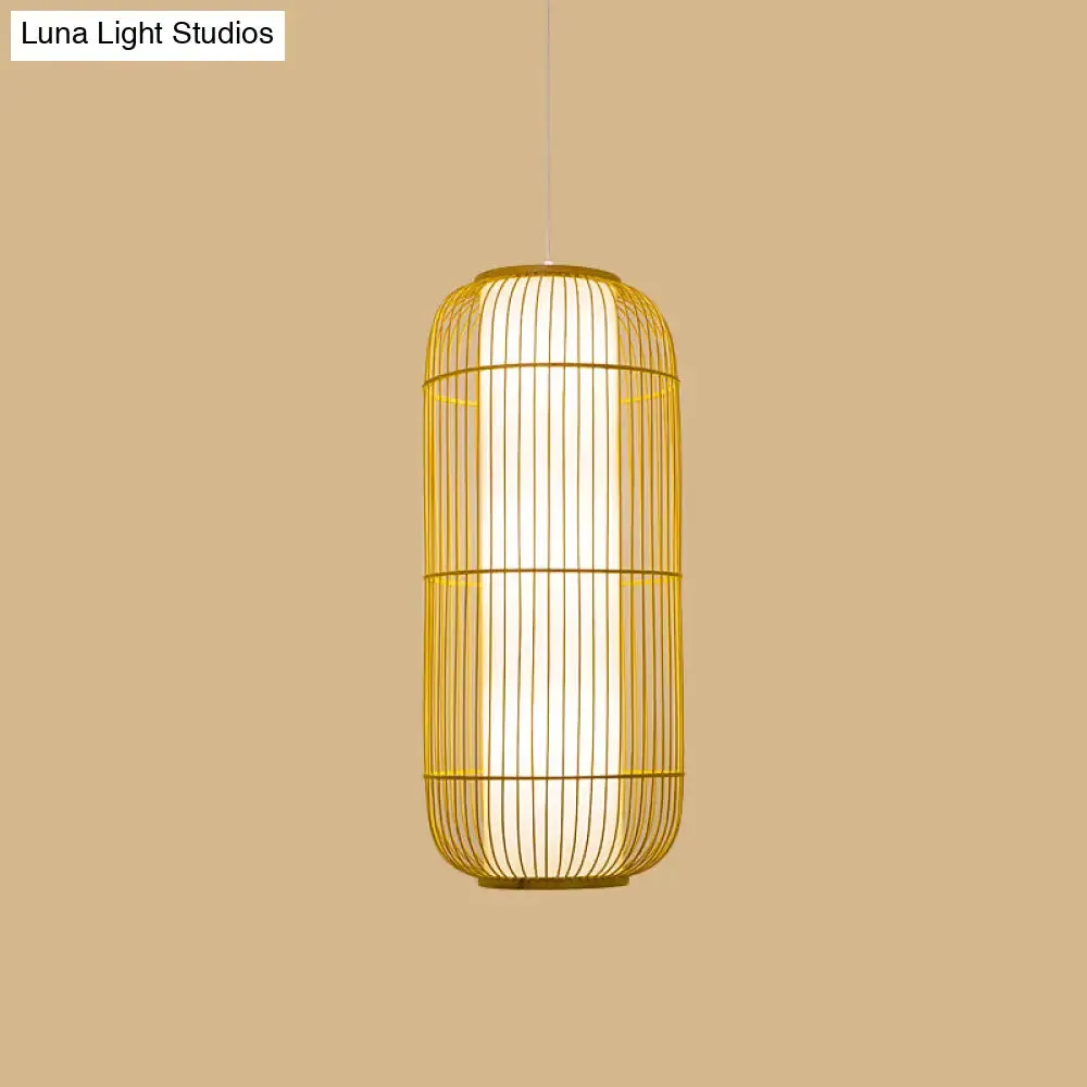 Beige Bamboo Hanging Lantern - Asian Style Pendant Light, 1-Light, Elongated Oval/Barrel Drop, Multiple Sizes - 16"/19.5"/31.5" Height