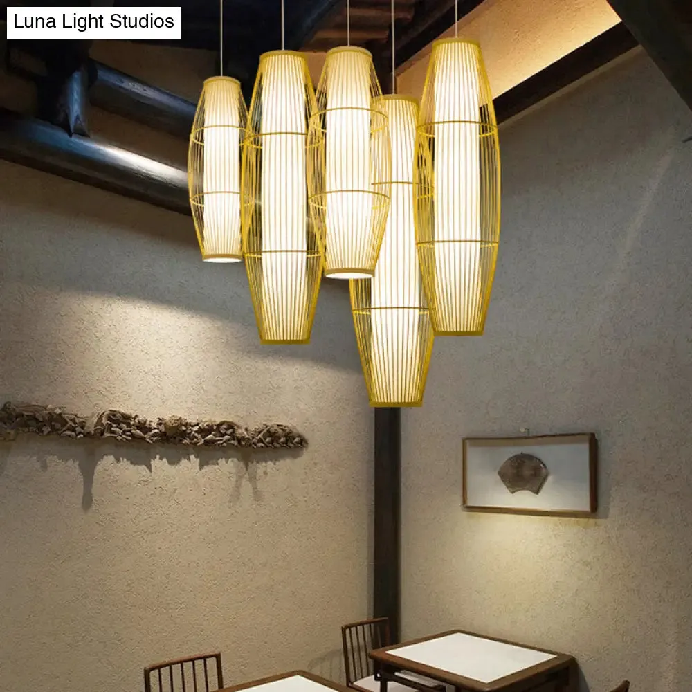 Beige Bamboo Hanging Lantern - Asian Style Pendant Light, 1-Light, Elongated Oval/Barrel Drop, Multiple Sizes - 16"/19.5"/31.5" Height