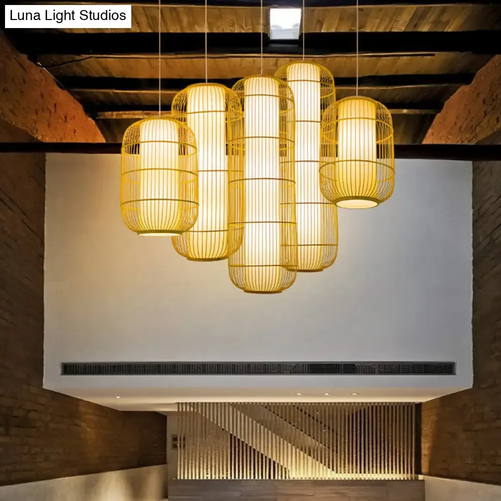 Beige Bamboo Hanging Lantern - Asian Style Pendant Light, 1-Light, Elongated Oval/Barrel Drop, Multiple Sizes - 16"/19.5"/31.5" Height