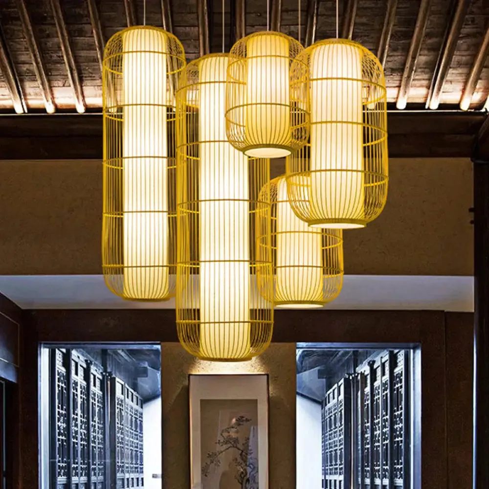 Beige Bamboo Hanging Lantern - Asian Style Pendant Light, 1-Light, Elongated Oval/Barrel Drop, Multiple Sizes - 16"/19.5"/31.5" Height
