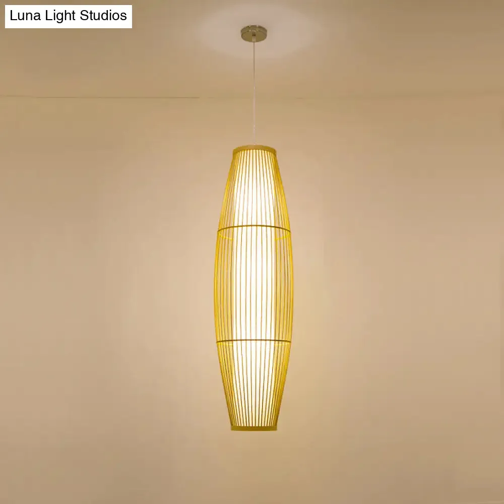 Beige Bamboo Hanging Lantern - Asian Style Pendant Light, 1-Light, Elongated Oval/Barrel Drop, Multiple Sizes - 16"/19.5"/31.5" Height