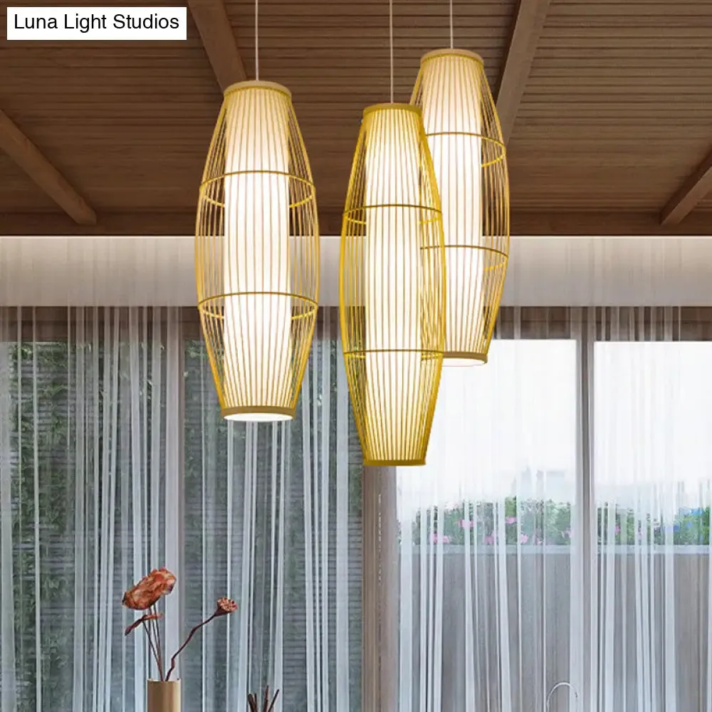 Beige Bamboo Hanging Lantern - Asian Style Pendant Light, 1-Light, Elongated Oval/Barrel Drop, Multiple Sizes - 16"/19.5"/31.5" Height
