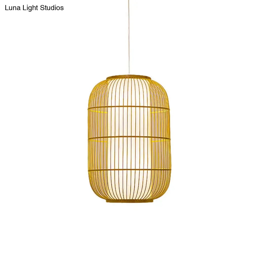 Beige Bamboo Hanging Lantern - Asian Style Pendant Light, 1-Light, Elongated Oval/Barrel Drop, Multiple Sizes - 16"/19.5"/31.5" Height