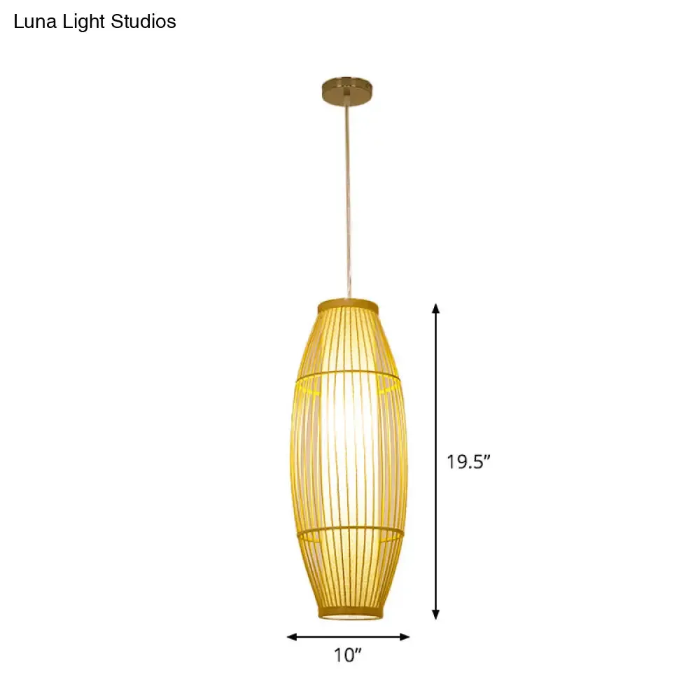 Beige Bamboo Hanging Lantern - Asian Style Pendant Light, 1-Light, Elongated Oval/Barrel Drop, Multiple Sizes - 16"/19.5"/31.5" Height