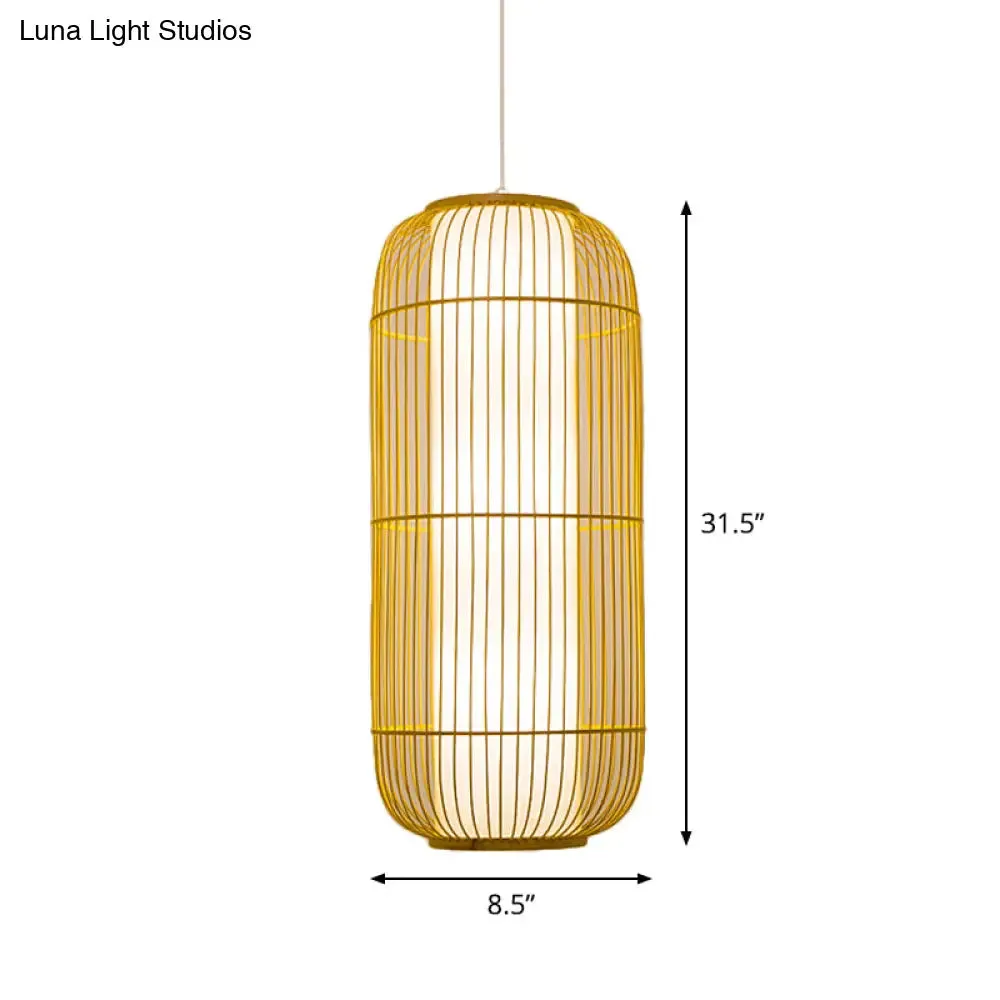 Beige Bamboo Hanging Lantern - Asian Style Pendant Light, 1-Light, Elongated Oval/Barrel Drop, Multiple Sizes - 16"/19.5"/31.5" Height