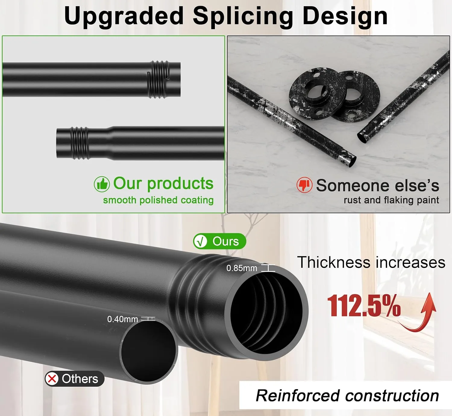 Black Industrial Curtain Rods for Windows 66 to 120, Outdoor Blackout Curtain Rod, Wrap Around Heavy Duty Curtain Rods,1 Inch Drapery Rods, Rustic Pipe Curtain Rod 66-120 Inch