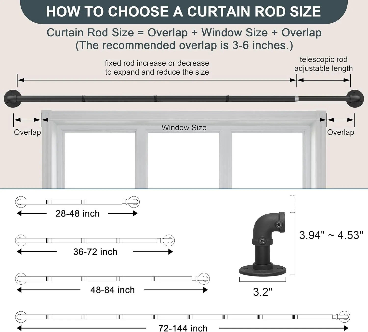 Black Industrial Curtain Rods for Windows 66 to 120, Outdoor Blackout Curtain Rod, Wrap Around Heavy Duty Curtain Rods,1 Inch Drapery Rods, Rustic Pipe Curtain Rod 66-120 Inch