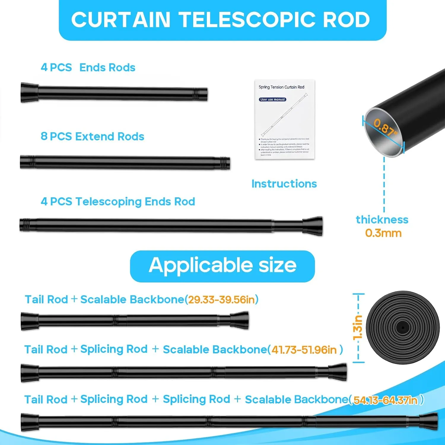 Black Shower Curtain Rod 30 to 64 Inch Tension Shower Rod For Bathroom Adjustable Spring Curtain Rod No Drilling Spring Curtain Rod Black Tension Tension Rods for Windows Doorway Closet