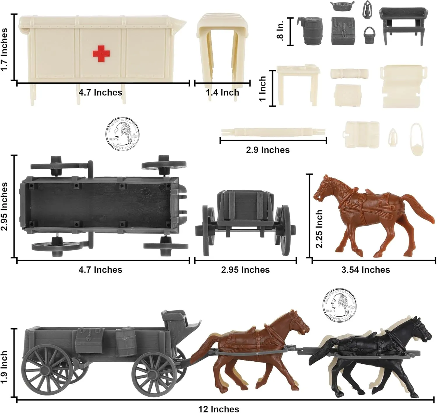 BMC CTS American Civil War Ambulance Wagons - Gray Square Top Horse Cart Playset
