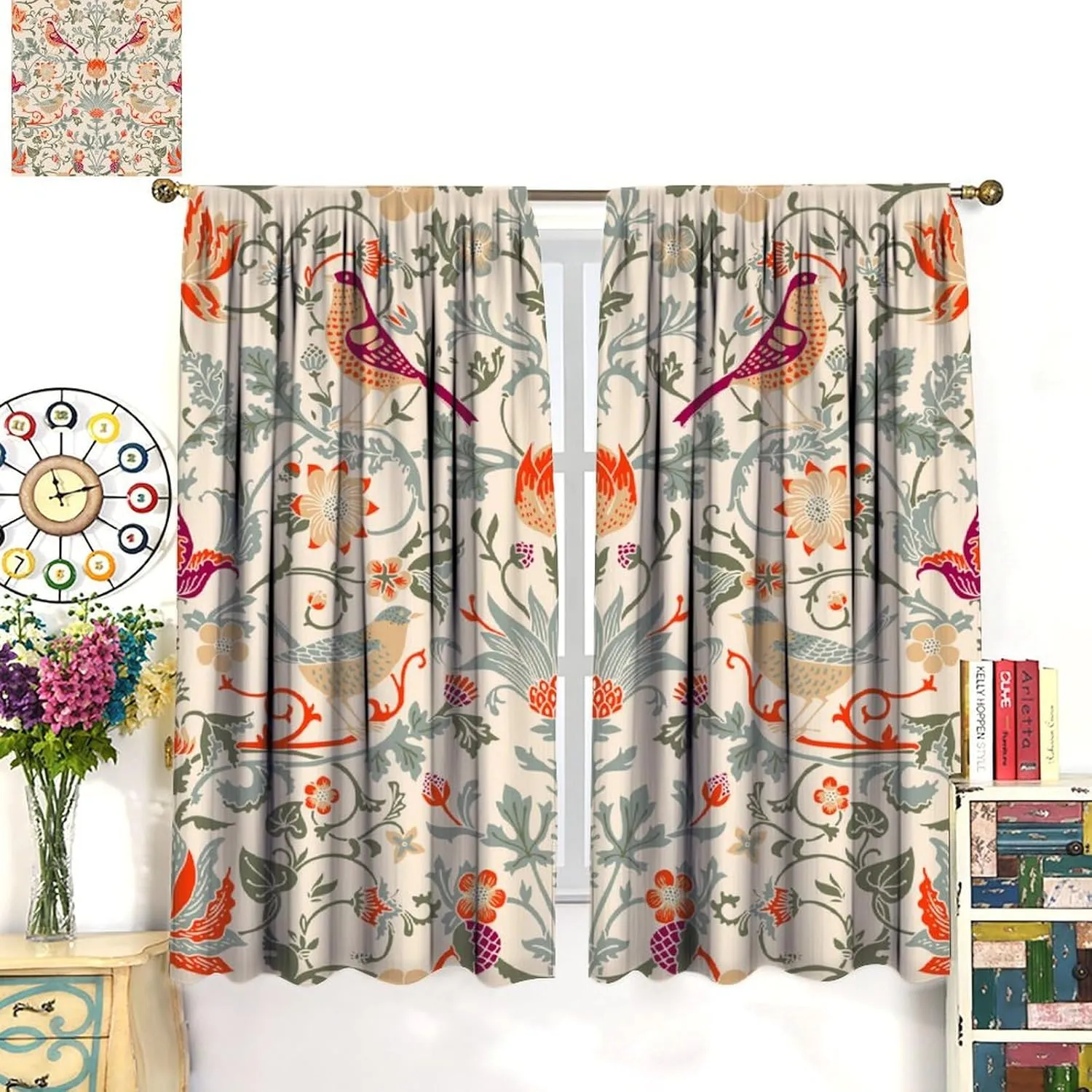 Bohemia William Morris Art Blackout Curtains, Abstract Retro Mid Century Boho Floral Bird Window Drapes, for Living Room Bedroom 42" W X 54" L