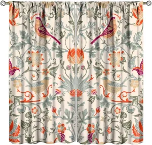 Bohemia William Morris Art Blackout Curtains, Abstract Retro Mid Century Boho Floral Bird Window Drapes, for Living Room Bedroom 42" W X 54" L