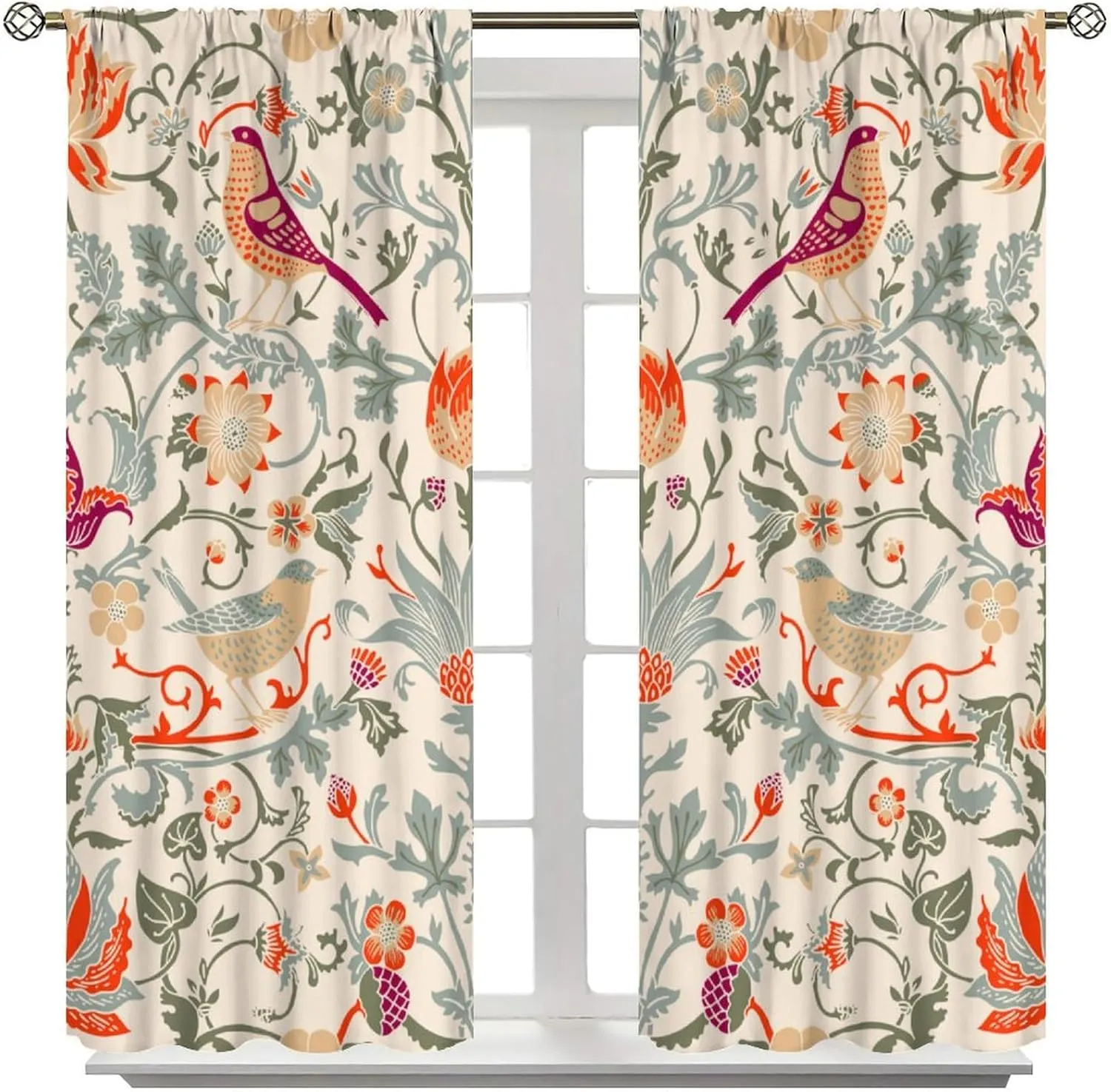 Bohemia William Morris Art Blackout Curtains, Abstract Retro Mid Century Boho Floral Bird Window Drapes, for Living Room Bedroom 42" W X 54" L