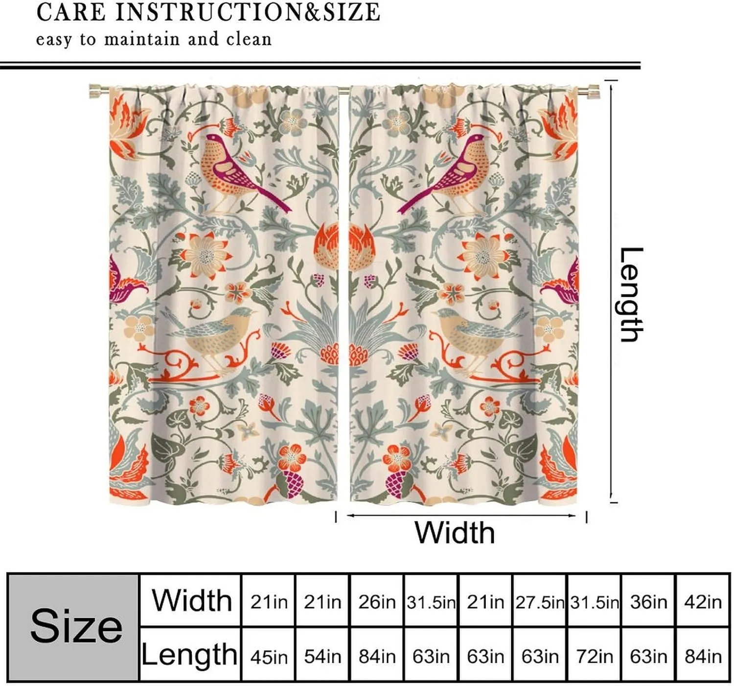Bohemia William Morris Art Blackout Curtains, Abstract Retro Mid Century Boho Floral Bird Window Drapes, for Living Room Bedroom 42" W X 54" L
