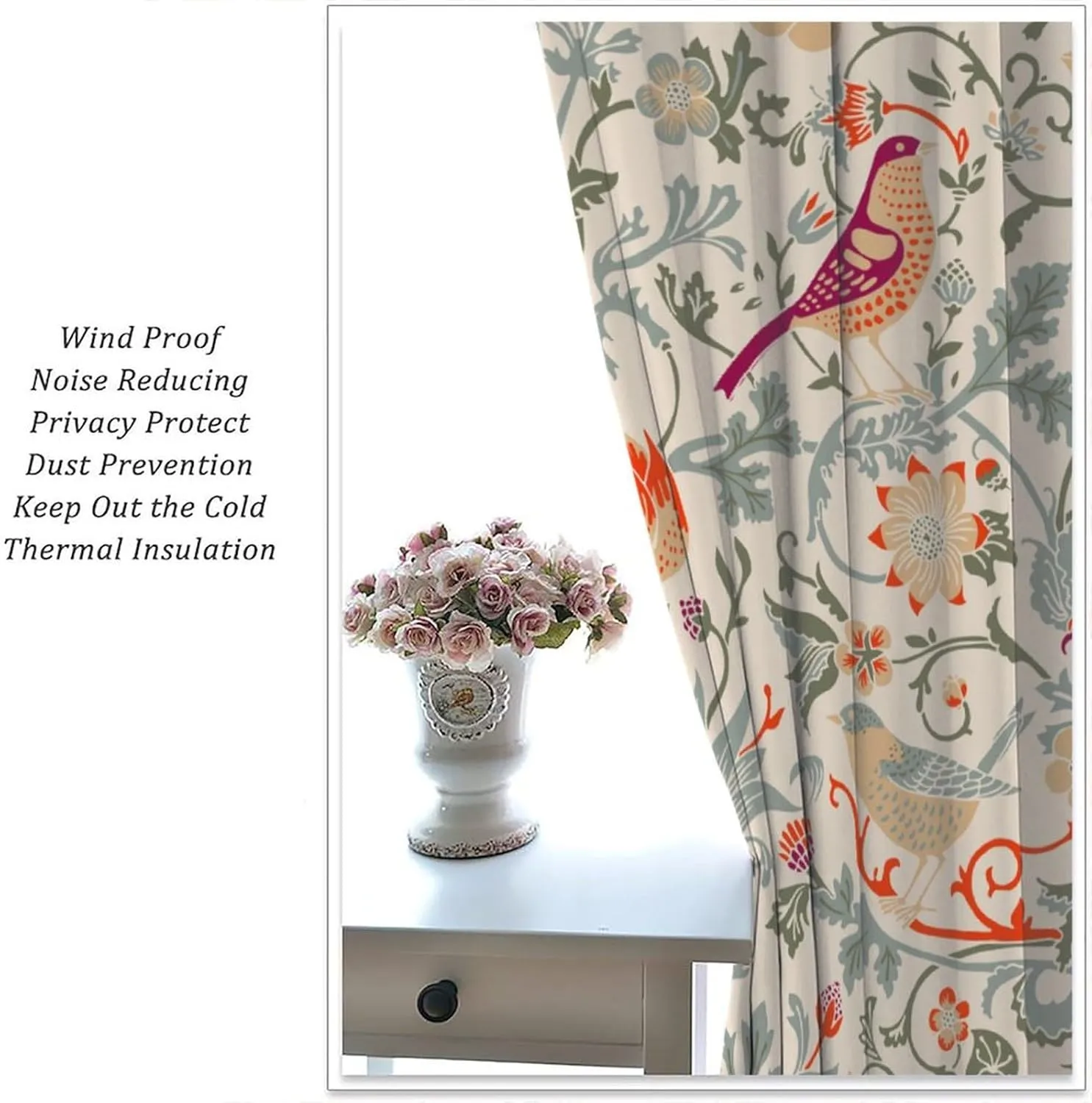 Bohemia William Morris Art Blackout Curtains, Abstract Retro Mid Century Boho Floral Bird Window Drapes, for Living Room Bedroom 42" W X 54" L