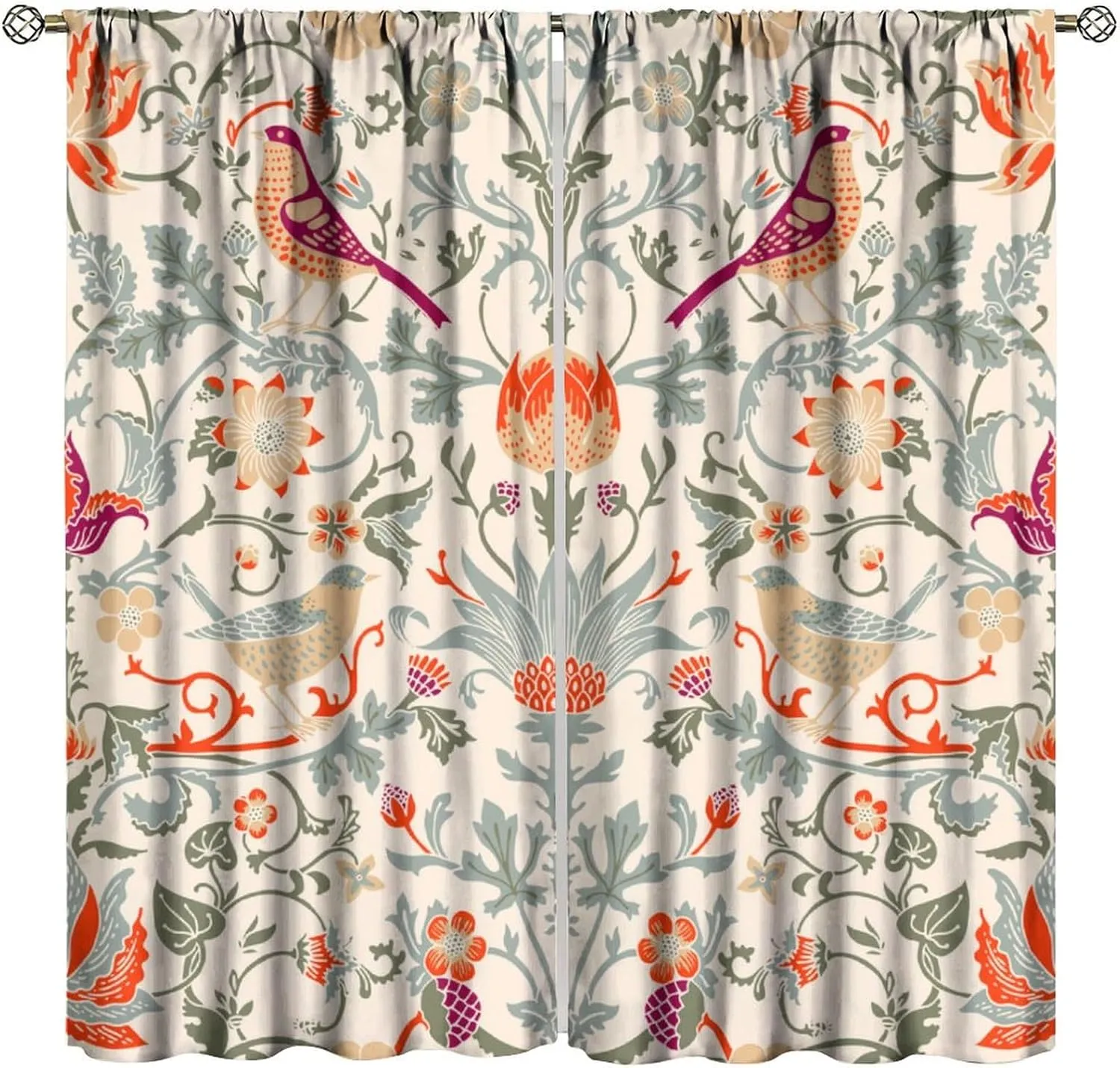 Bohemia William Morris Art Blackout Curtains, Abstract Retro Mid Century Boho Floral Bird Window Drapes, for Living Room Bedroom 42" W X 54" L