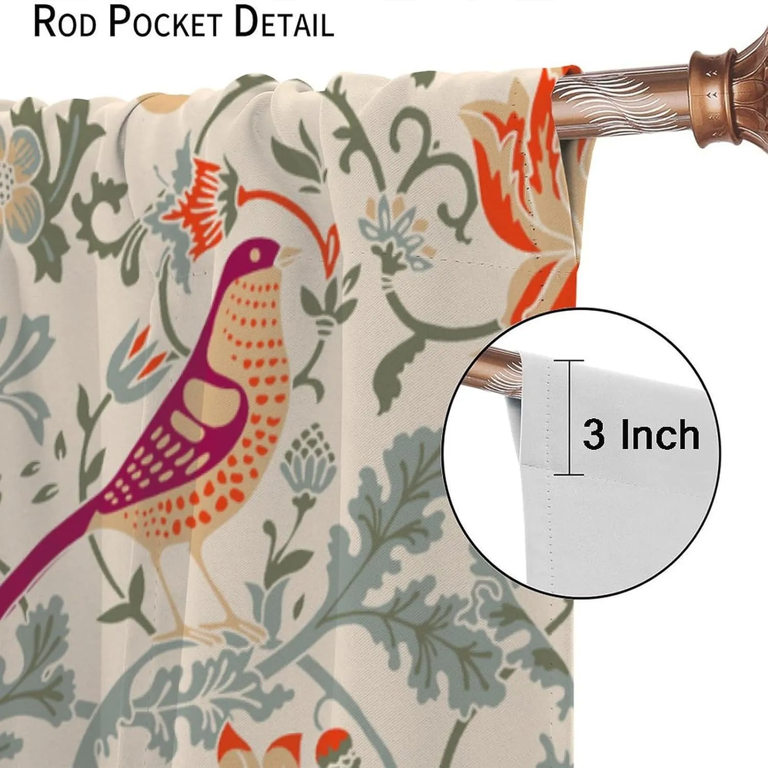 Bohemia William Morris Art Blackout Curtains, Abstract Retro Mid Century Boho Floral Bird Window Drapes, for Living Room Bedroom 42" W X 54" L