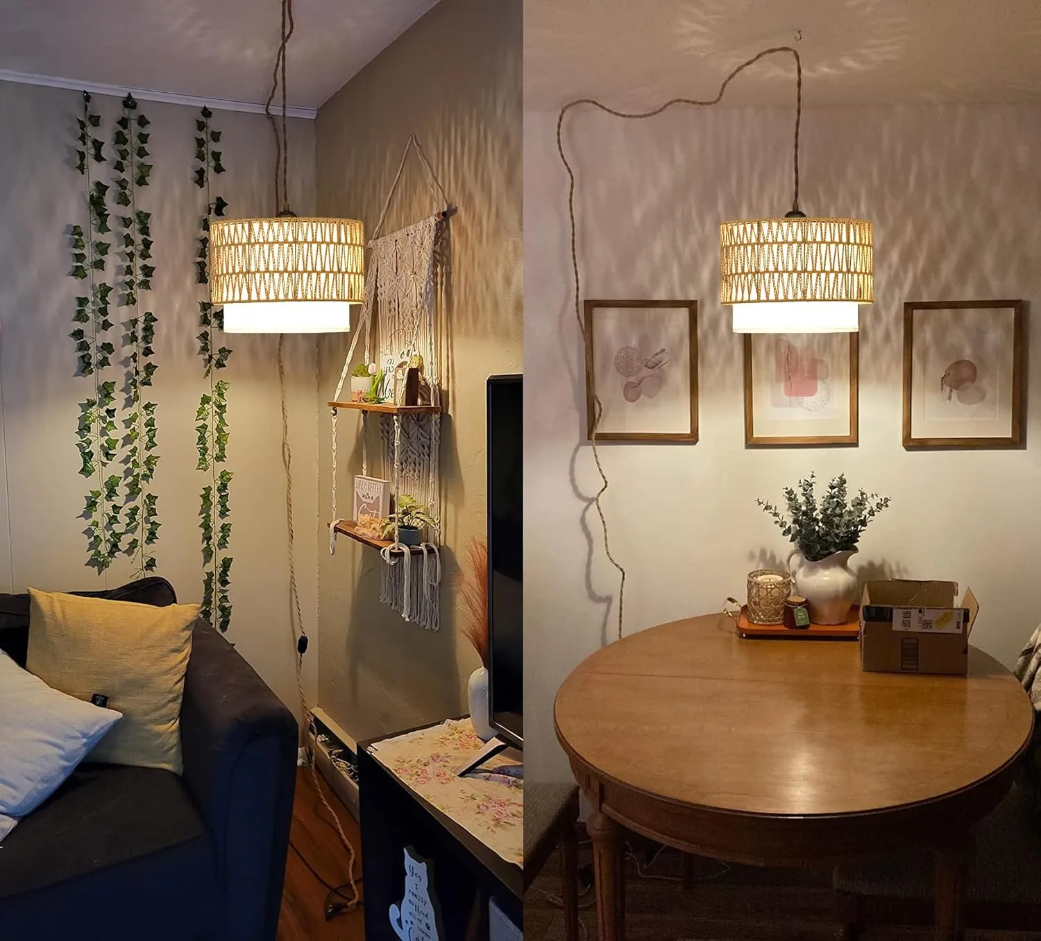 Boho Plug in Pendant Light Rattan Hanging Lights with Plug in Cord,Indoor Hanging Lamp with Dimmer Switch,Wicker Bamboo Woven LampShade Hanging Lamp Plug in for Bedroom Living Room Kitchen Island