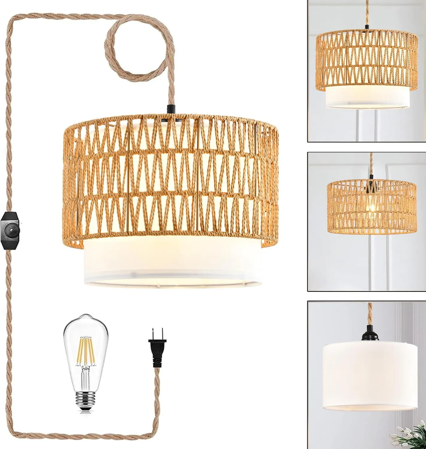 Boho Plug in Pendant Light Rattan Hanging Lights with Plug in Cord,Indoor Hanging Lamp with Dimmer Switch,Wicker Bamboo Woven LampShade Hanging Lamp Plug in for Bedroom Living Room Kitchen Island