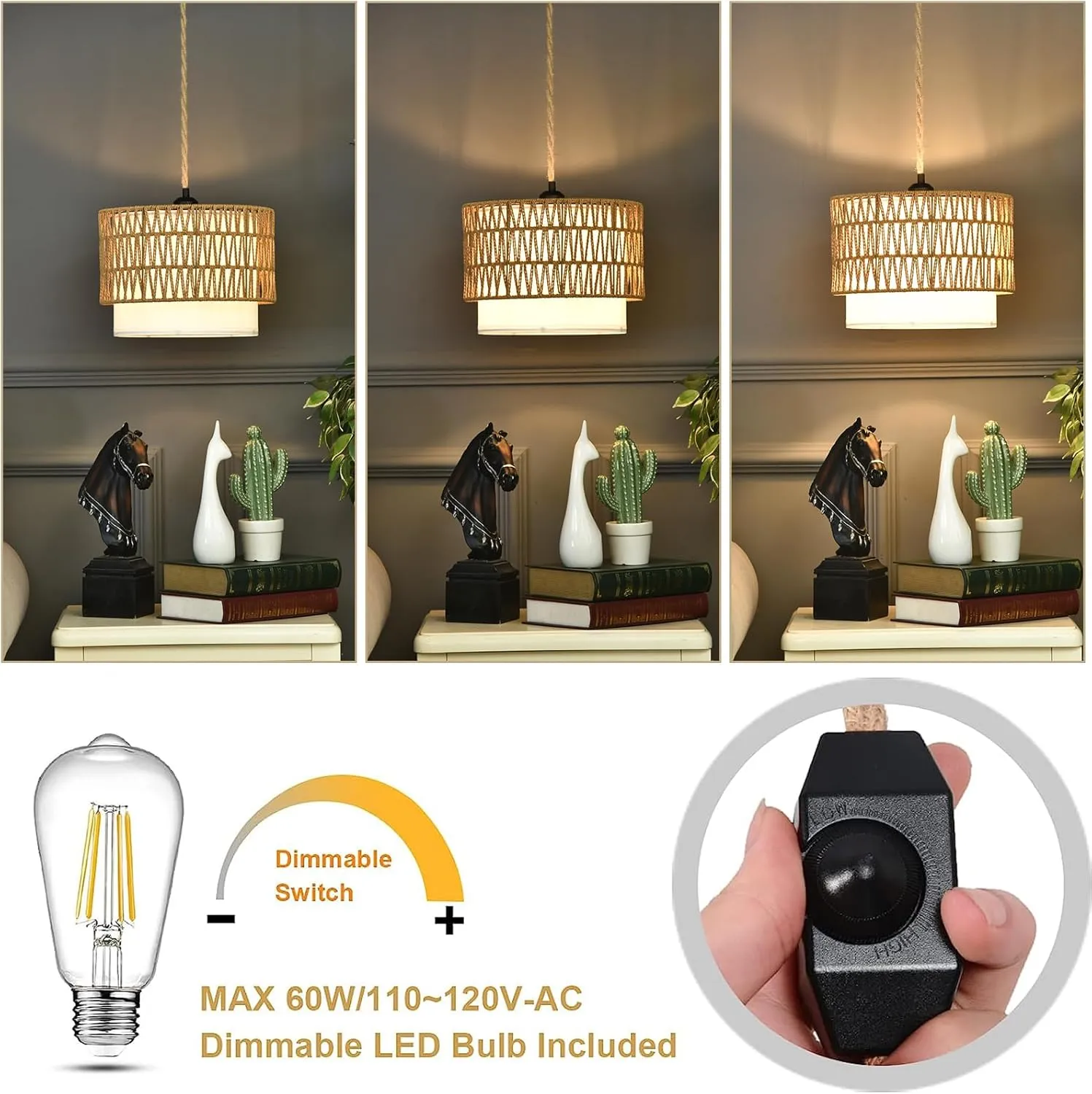 Boho Plug in Pendant Light Rattan Hanging Lights with Plug in Cord,Indoor Hanging Lamp with Dimmer Switch,Wicker Bamboo Woven LampShade Hanging Lamp Plug in for Bedroom Living Room Kitchen Island