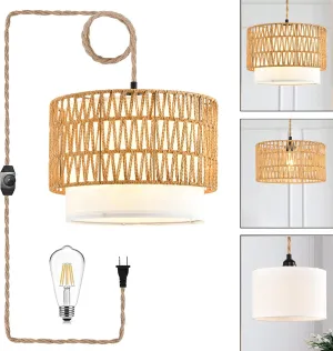 Boho Plug in Pendant Light Rattan Hanging Lights with Plug in Cord,Indoor Hanging Lamp with Dimmer Switch,Wicker Bamboo Woven LampShade Hanging Lamp Plug in for Bedroom Living Room Kitchen Island