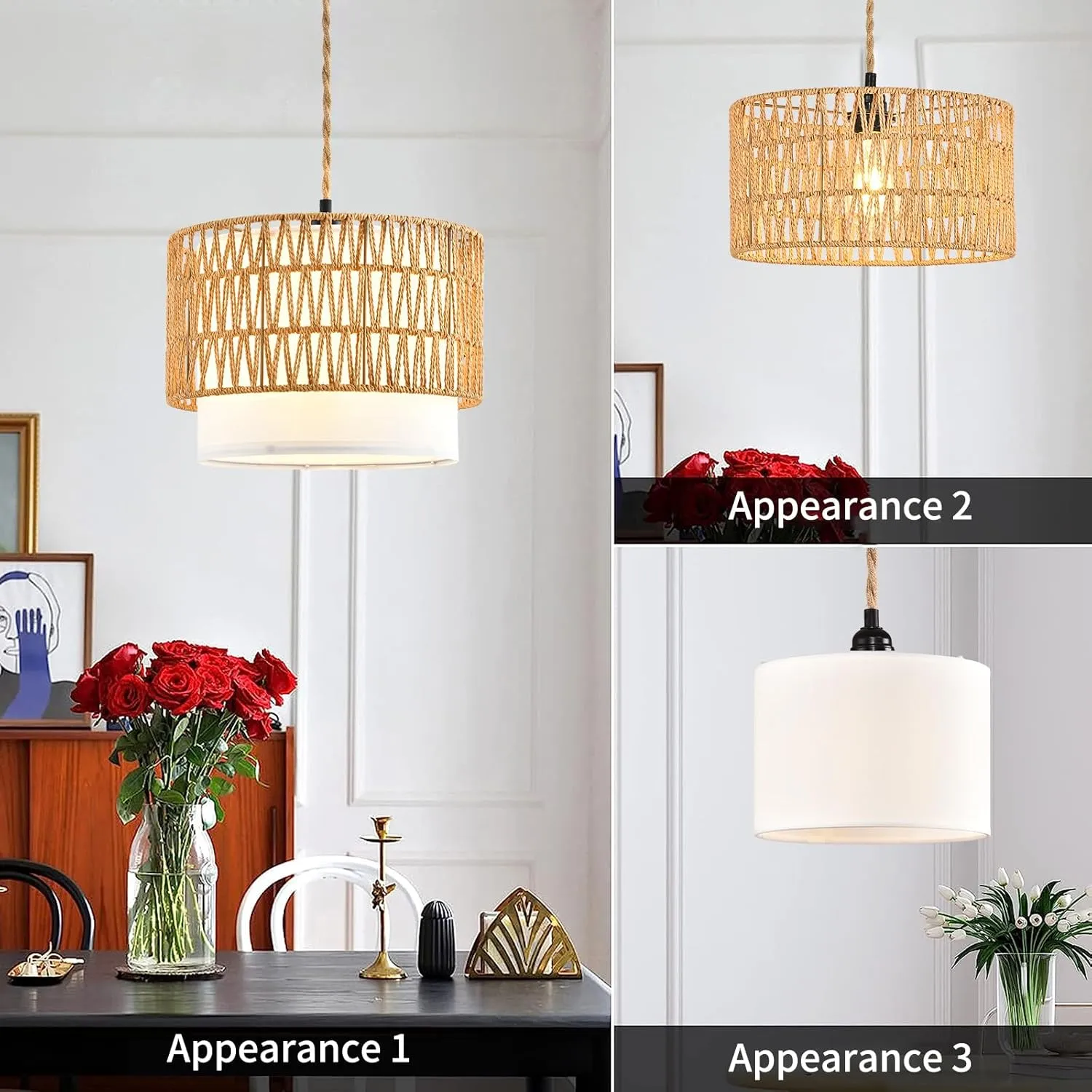 Boho Plug in Pendant Light Rattan Hanging Lights with Plug in Cord,Indoor Hanging Lamp with Dimmer Switch,Wicker Bamboo Woven LampShade Hanging Lamp Plug in for Bedroom Living Room Kitchen Island
