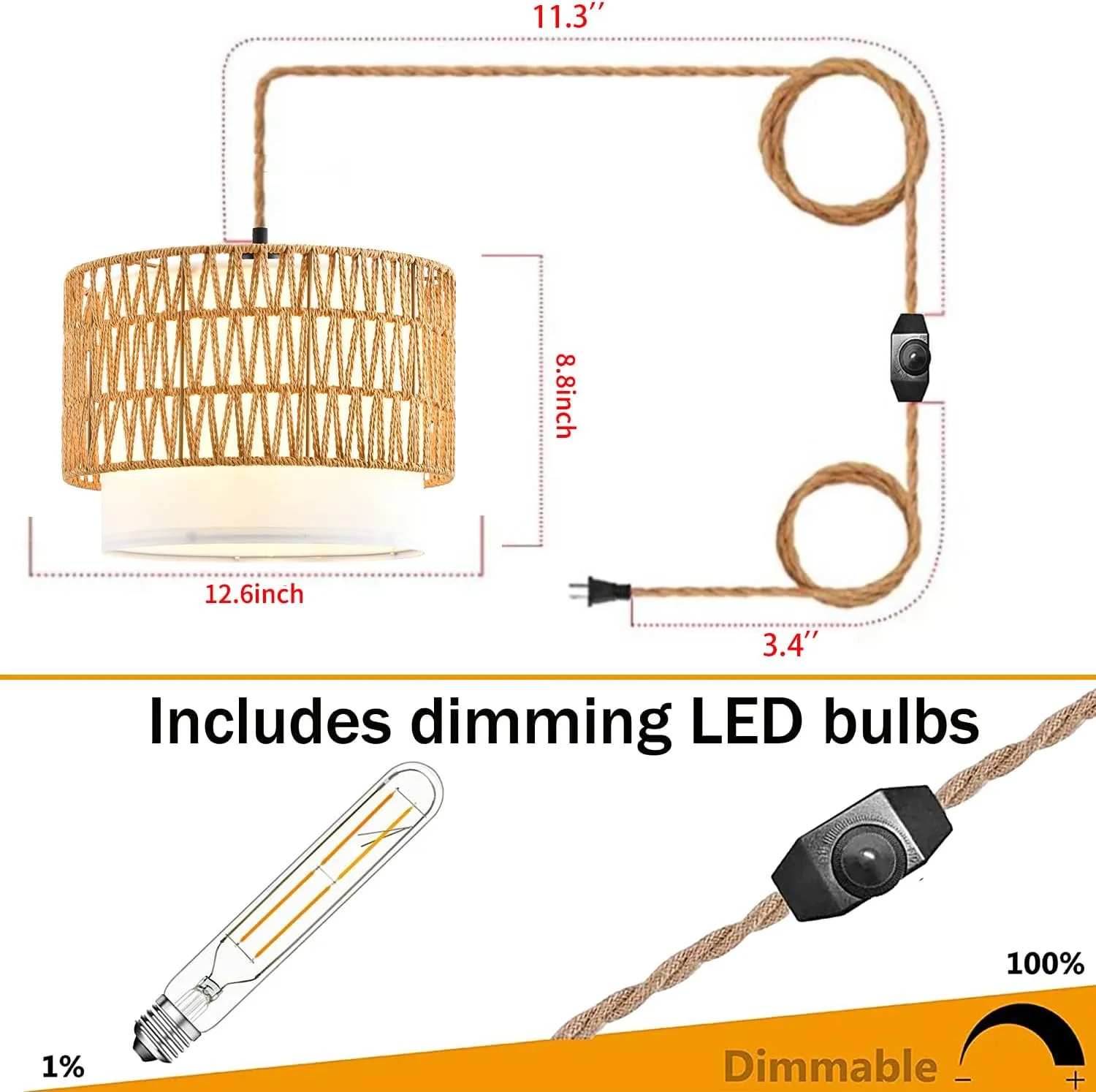 Boho Plug in Pendant Light Rattan Hanging Lights with Plug in Cord,Indoor Hanging Lamp with Dimmer Switch,Wicker Bamboo Woven LampShade Hanging Lamp Plug in for Bedroom Living Room Kitchen Island