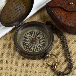Brass 2.25" Pocket Compass with Chain Nautical Boat Decor Antique Steampunk Style Engraved Gifts Sailor Gift Ideas Directional Pirate Hiking Travel Camping Compass