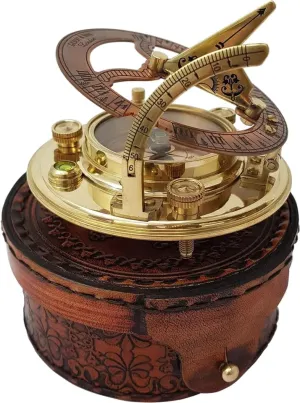 Brass & Copper Nautical Sundial Compass – Working Handmade Compass Gift with Leather Box