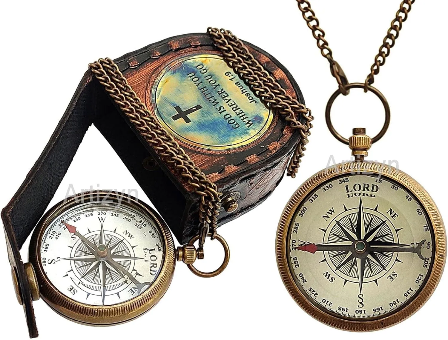 Brass Compass Engraved with Bible Scripture God is with You Wherever You Go Joshua 1:9 Religious Gift, Directional Magnetic Compass with Chain & Leather Carry Case, Baptism Gifts, Confirmation Gifts