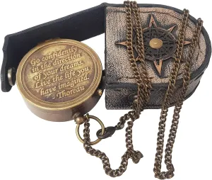 Brass Compass Engraved with Thoreau's Go Confidently Quote and Stamped Leather Case, Boys Gifts