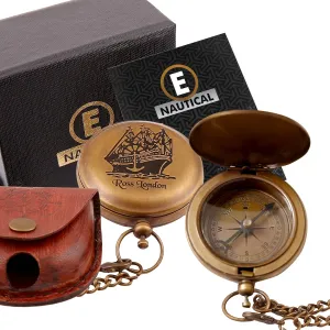 Brass Compass Ross-Landan with Inspirational Quote, Chain, and Leather Case – Perfect Best Gift for Adventure Lovers and Travelers (Raw Brass)