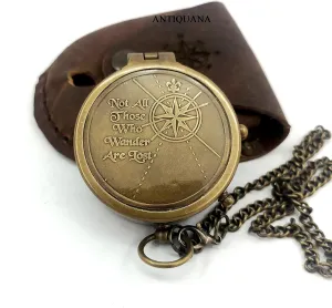 Brass Compass Unique Print 'Not All Those Who Wander are Lost' Engraved Compass with Leather Case and Chain A Great Gift Item for Your Loved Ones, Brown