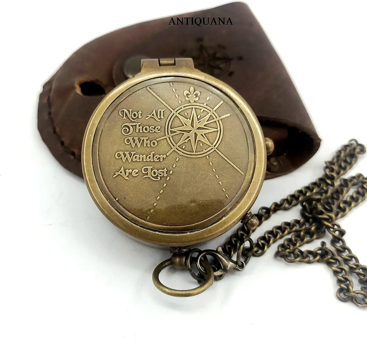 Brass Compass Unique Print 'Not All Those Who Wander are Lost' Engraved Compass with Leather Case and Chain A Great Gift Item for Your Loved Ones, Brown