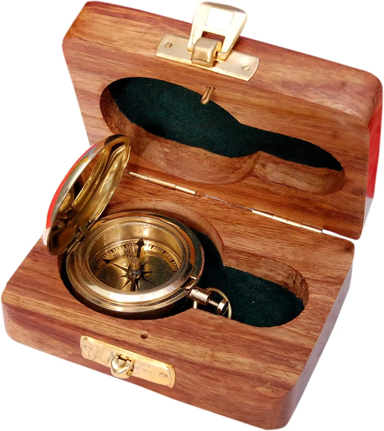 Brass Nautical Compass with Wooden Case - Antique Brass & Copper Sun Clock for Camping, Hiking, Touring - Engraved Gift for Him - Nautical Clock - Compass Gift