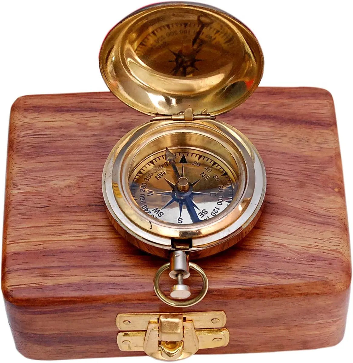 Brass Nautical Compass with Wooden Case - Antique Brass & Copper Sun Clock for Camping, Hiking, Touring - Engraved Gift for Him - Nautical Clock - Compass Gift