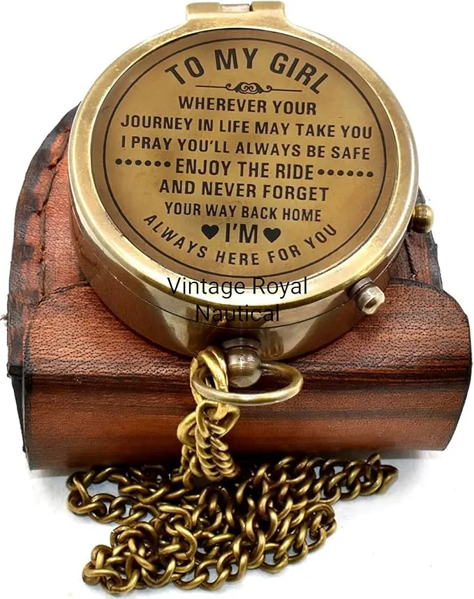 Brass Nautical Portable Pocket Compass with Chain and Leather Case for Travel Hiking Quote Engravable Outdoor Compass