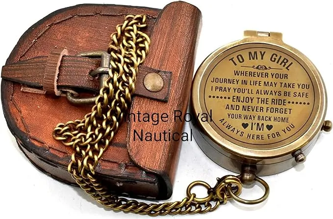 Brass Nautical Portable Pocket Compass with Chain and Leather Case for Travel Hiking Quote Engravable Outdoor Compass