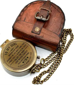 Brass Nautical Portable Pocket Compass with Chain and Leather Case for Travel Hiking Quote Engravable Outdoor Compass