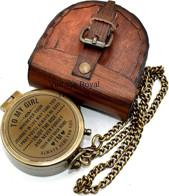 Brass Nautical Portable Pocket Compass with Chain and Leather Case for Travel Hiking Quote Engravable Outdoor Compass