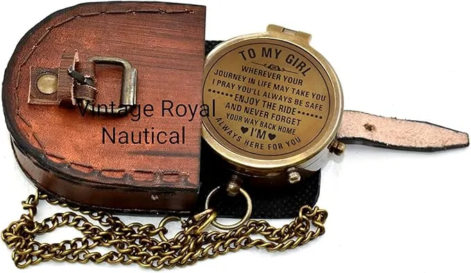 Brass Nautical Portable Pocket Compass with Chain and Leather Case for Travel Hiking Quote Engravable Outdoor Compass