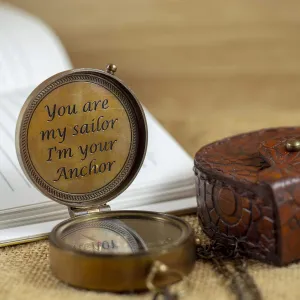Brass Pocket Magnetic 2" Compass with Chain Nautical Sailor Gift Idea Boat Decor Antique Steampunk Style Engraved Gifts Directional Pirate Hiking Travel Camping Compass (Quote 2)