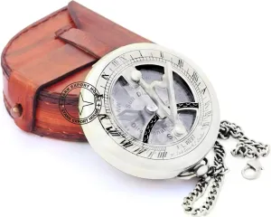 Brass Pocket Sundial Compass for Navigation Outdoor Activities Camping Hiking 3 inch Nickel with Leather Box (HCVW)