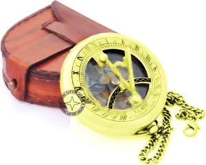 Brass Pocket Sundial Compass for Navigation Outdoor Activities Camping Hiking 3 inch with Leather Box (HCVW)